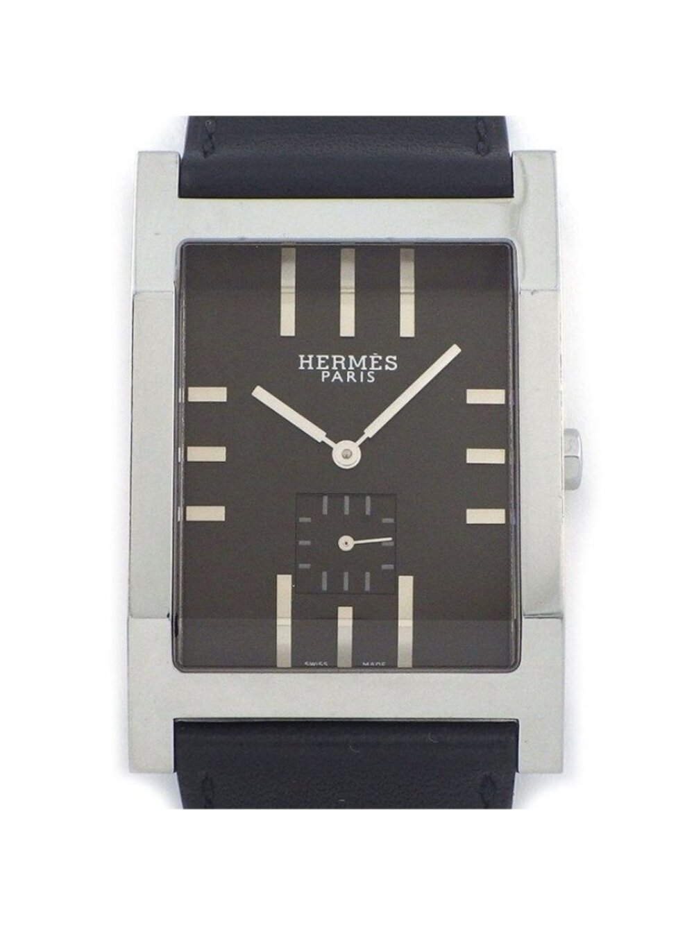 Hermes Watch Tandem Rectangular Black Dial Small Second Leather Strap SS Quartz